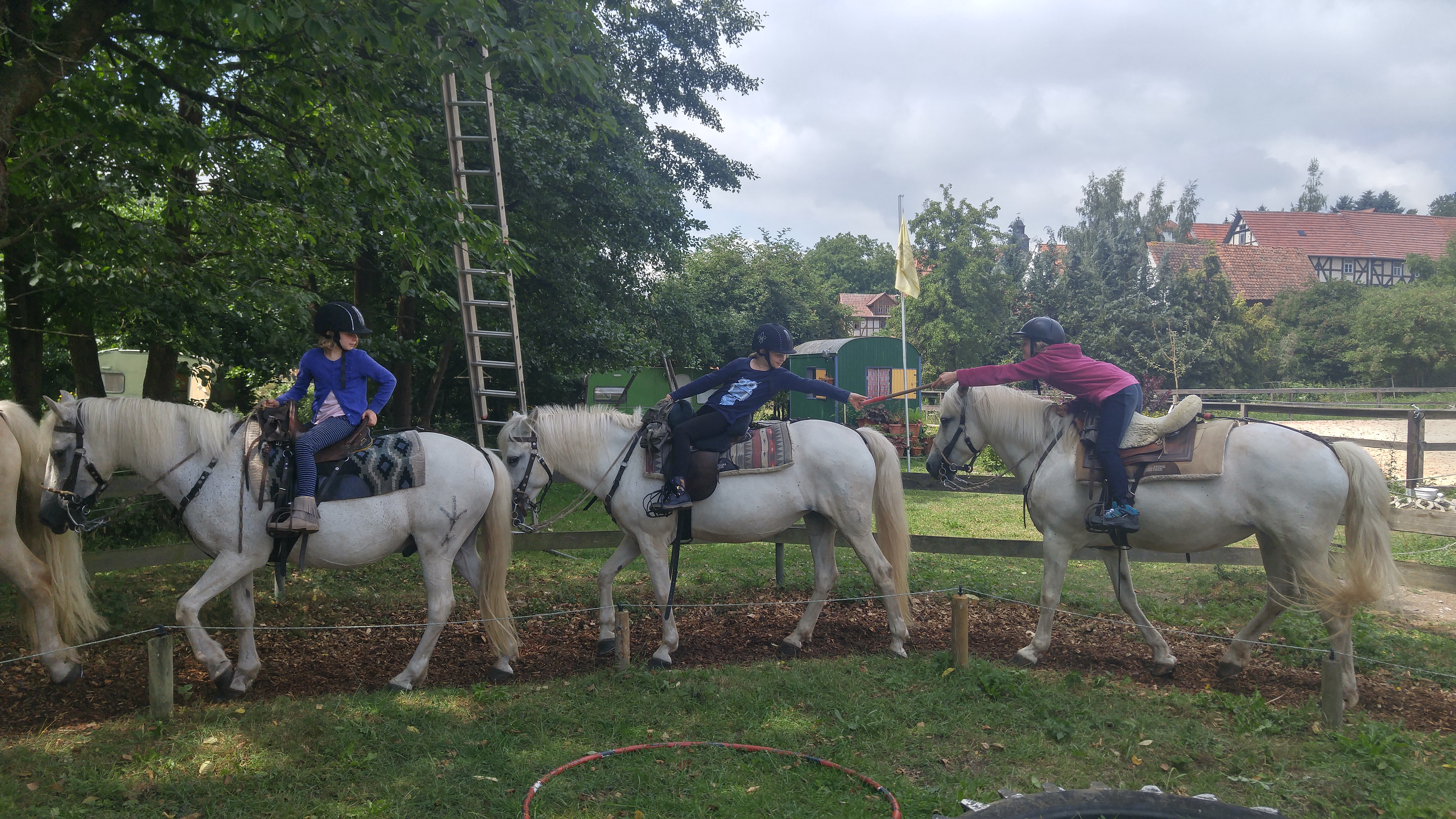 Drei Kinder auf Pferden reiten im Gelände der Wanderreitschule Asbach.