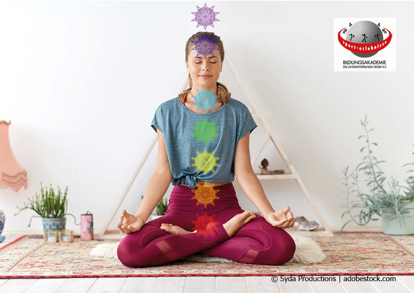 Eine Frau im Yoga Lotussitz mit den sieben Chakren Achtsamkeit Entspannung Meditation