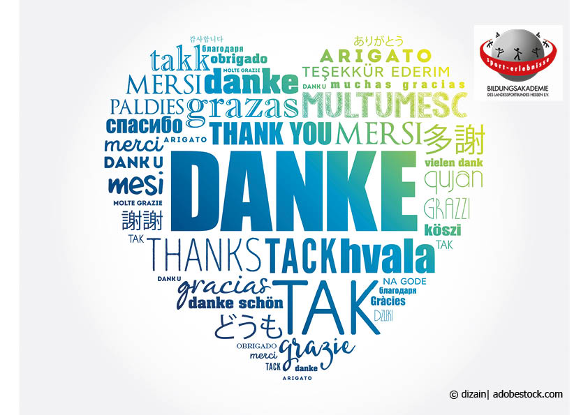 Word-Cloud-Herz mit dem zentralen Wort Danke und das Wort Dank und vielen verschiedenen Sprachen