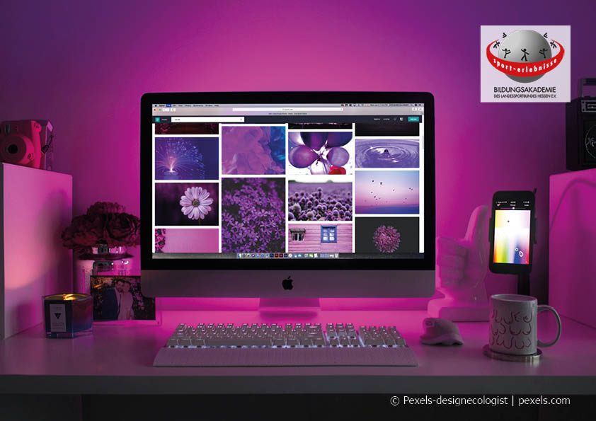 Ein Computerbildschirm mit vielen verschiedenen Fotos all in einem pink/lila Farbton